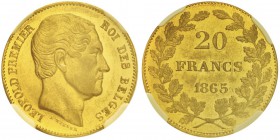 Leopold I 1831-1865
20 francs, «L WIENER» sans point, position A, 1865, AU 6.45g. Ref : Fr.411, KM#23
Conservation : NGC AU55