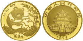 République populaire de Chine 1949-
100 yuan, 1994, AU 31.1g. 999‰ Ref : KM#615, Fr. B4
Conservation : PCGS MS67