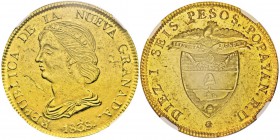 16 Pesos, Popayan, 1838 RU, AU 27g. Ref : KM#94.2, Fr.75
Conservation : NGC MS 62