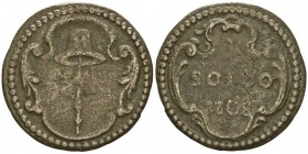 Pascal Paoli 1762-1768
1 soldo, Corte, 1768, Billon 1.08g.
Avers : Anépigraphe. Chapeau de citadin coiffant une pique,
dans un écu à deux rincea...