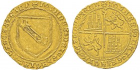 Juan II 1406-1454
Dobla de la banda, Séville, non daté, AU 4.58g.
Avers : IOhANES DEI GRACIA REX CASTELLE
Ecu à la bande ornée de tête de lion...