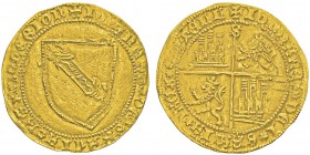 Juan II 1406-1454
Dobla de la banda, Séville, non daté, AU 4.59g.
Avers : IOhANES DEI GRACIA REX LEGION
Ecu à la bande ornée de tête de lions....