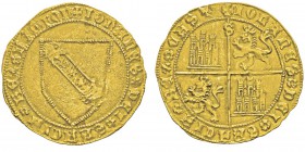 Juan II 1406-1454
Dobla de la banda, Séville, non daté, AU 4.54g. Avers : IOhANES DEI GRACIA REX LEGION
Ecu à la bande ornée de tête de lions....