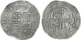 Felipe II 1556-1598
8 Reales, Toledo, non daté (1590)
(M dans cercle = Alejo de Montoya)
et L dans cercle (Lucas de Farias???) , AG 26.18g. Avers ...