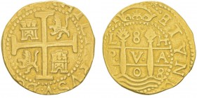 Felipe V 1700-1746
8 Escudos, Perou, Lima, 1708LH, AU 26.88g. Avers : PHILIPPVS V DG (HISPAN)
Revers : dans les colonnes sur les vagues
L - H/ P. V...