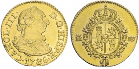 Carlos III 1759-1788
Medio-escudo, Madrid, 1786, AU 1.74g.
Avers : CAROL. III - D. G. HISP. R./ 1786 Buste de Charles III à droite avec le bijou de...
