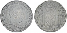 Fernando VII 1808-1814-1833
20 Reales, 1823B SP, Barcelone, AG 27.08g. Ref : KM563.1, Cal 369, Dav. 325 Conservation : NGC MS64