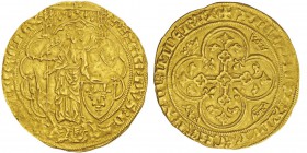 Valois (1328-1589)
Philippe VI 1328-1350
Ange d’or, 3e émission (juin 1342), AU 5.75g.
Avers : PHILIPPVS D’- GRA’ FRA REX
L’archange saint Michel...