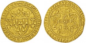 Valois (1328-1589) Charles VII 1422-1461
Écu d’or à la couronne 3e type, 2e émission, Angers, 1445, AU 3.28g. Avers : KAROLVS: DEI: GRACIA: FRANCO...