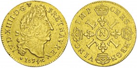 Louis d’or aux 4 L, flan neuf, Montpellier, 1694 N, AU 6.75g.
Avers : LVD XIIII D G soleil - FR ET NAV REX Tête laurée de Louis XIV à droite. Reve...