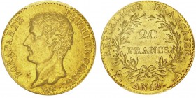 Premier Consul 1799-1804
20 Francs, Paris, AN12 A, AU 6.45g.
Ref : G.1022, FR 480
Conservation : PCGS AU55. Superbe exemplaire.