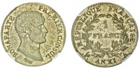 Premier Consul 1799-1804 
1 Franc, Paris, ANXI A, «Consul sans point» AG 5g. Ref : G.442
Conservation : NGC AU55