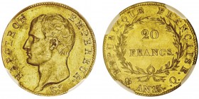 Premier Empire 1804-1814
20 Francs, Perpignan, AN13Q, AU 6.45g.
Ref : G.1022, FR 489
Conservation : NGC AU58. Superbe exemplaire. Très rare. Quant...