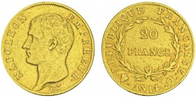 Premier Empire 1804-1814 
20 francs, Perpignan, frappe médaille, AN14Q, AU 6.4g. Ref : G.1022, FR 489
Conservation : TTB. Rarissime.
Quantité : 2...