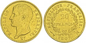 Premier Empire 1804-1814
20 francs, Toulouse, 1807M, AU 6.44g. Ref : G.1023a, FR 492
Conservation : pr.Superbe. Rare.
Quantité : 5296 ex.