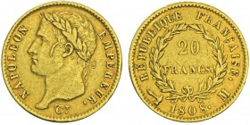 Premier Empire 1804-1814
20 francs à la cornue, Toulouse, 1808M, AU 6.44g. Ref : G.1024, FR 501 var
Conservation : pr.Superbe. Rarissime.