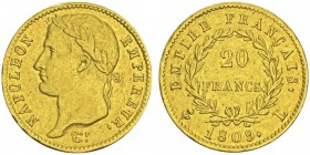 Premier Empire 1804-1814
20 francs, Bayonne, fleur verticale, 1809L, AU 6.43g. Ref : G.1025, FR 514
Conservation : pr.Superbe. Très rare.
Quantite...