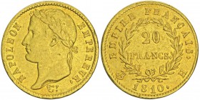 Premier Empire 1804-1814
20 francs, La Rochelle, 1810H, AU 6.42g. Ref : G.1025, FR 517
Conservation : pr.Superbe. Très rare. Quantité : 2454 ex.