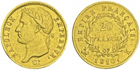 Premier Empire 1804-1814
 20 francs, Bordeaux, faute de frappe, 1810K, AU 6.41g. Ref : G.1025, FR 513
Conservation : Superbe. Très rare : sur la tr...