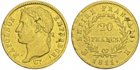 Premier Empire 1804-1814
20 francs, La Rochelle, 1811H, AU 6.44g. Ref : G.1025, FR 517
Conservation : TTB. Très rare. Defaut de flan. Quantité : 1...