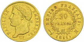 Premier Empire 1804-1814
20 francs, Toulouse, 1811M, AU 6.41g. Ref : G.1025, FR 516
Conservation : TTB/SUP. Rare.
Quantité : 4971 ex.