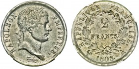 Premier Empire 1804-1814
2 Francs, Paris, 1808A, AG 10g. Ref : G.500
Conservation : NGC XF45
