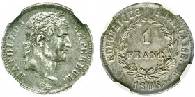 Premier Empire 1804-1814
1 Franc, La Rochelle, 1808H, AG 5g. Ref : G.446
Conservation : NGC AU55