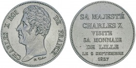 Charles X 1824-1830
Module de 5 francs, visite de la Monnaie de Lille, 1827, AG 25g., 37mm.
Revers : SA MAJESTÉ/ CHARLES X/ VISITE/ SA MONNAIE/ DE ...