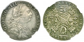 George III 1760-1820
Shilling, 1787, AG 6.02g.
Ref : KM#607.2, Spink 3746 (semée of hearts), Esc 1225
Conservation : NGC AU58