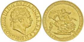 George III 1760-1820
1 Pound, 1817, AU 7.98g.
Ref : KM#674, Fr.371, Spink 3785
Conservation : Pratiquement fleur de coin .