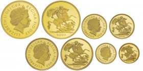 Elizabeth II 1952 -
Gold Proof Set 2003 : 5, 2, 1, 1/2 Sovereigns, AU 39.94g., 15.98g., 7.98g., 3.99g. = tot 67.89g. 917‰
Ref : Spink 4400, 4420, 44...