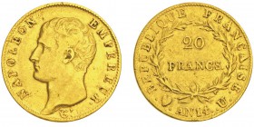 Napoléon en Italie Département de l'Éridan 1802-1814
20 Francs AN 14 U, Turin, AU 6.42g.
Ref : G.1022, Mont 21, Pag 16
Conservation : TTB/SUP. Très...