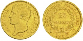 Napoléon en Italie Département de l'Éridan 1802-1814
20 Francs 1807 U, Turin, AU 6.42g.
Ref : G.1023a, Mont 23, Pag 18
Conservation : TTB/SUP. Très...