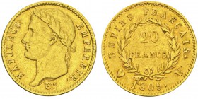 Napoléon en Italie Département de l'Éridan 1802-1814
20 Francs 1809 U, Turin, AU 6.43g.
Ref : G.1025, Mont 25, Pag 20
Conservation : pr.Superbe. Tr...