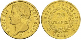 Napoléon en Italie Département de l'Éridan 1802-1814
20 Francs 1811 U, Turin, AU 6.38g.
Ref : G.1025, Mont 27, Pag 22
Conservation : TTB/SUP