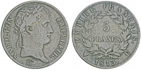 Napoléon en Italie Département de l'Éridan 1802-1814
5 Francs 1813 U, Turin, AG 24.55g.
Ref : G.584, Mont 39, Pag 34
Conservation : TTB. Rare