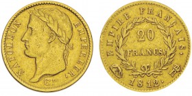 Département du Tibre (ou de Rome) 1808-1814
20 francs, Rome, 1812, AU 6.42g.
Ref : G.1025, Mont 75, Pag 92
Conservation : TTB/SUP