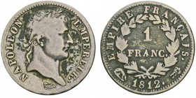 Département du Tibre (ou de Rome) 1808-1814
1 franc, Rome, 1812, AG 4.82g.
Ref : G.447, Mont.79, Pag 96
Conservation : TB. Rare