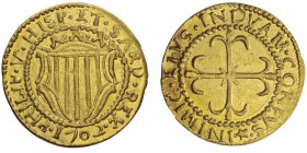 Cagliari
Filippo V 1700-1719
Scudo d’oro, Cagliari, 1702, AV 3.18g.
Avers : PHILIP V HISP ET SARD REX
Revers : INIMIC EIVS INDVAM CONFVS
Ref : MI...