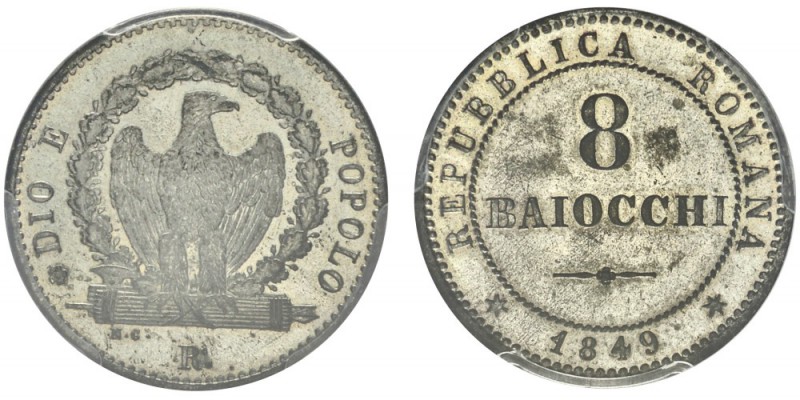 II Republica Romana
8 Baiocchi, Rome, 1849R, AG 3.9g.
Ref : Berman 3298, Mont ...