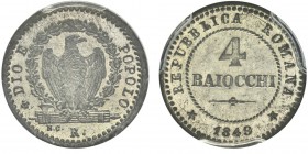 II Republica Romana
4 Baiocchi, Rome, 1849R, AG 1.95g.
Ref : Berman 3299, Mont 62, Pag.342
Conservation : PCGS MS65
