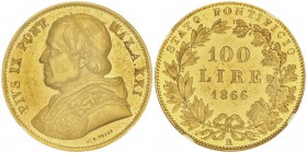 Pie IX 1846-1878
100 Lire, Rome, 1866, AN XXI, AU 32.25g.
Ref : Berman 3330, Mont 344, Fr 278, KM#1383
Conservation : NGC MS 62.
Quantité : 1115 e...