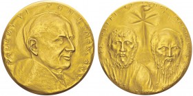 Paulus VI 1963-1978
Médaille en or de Fazzini, Rome, anno V, (1967),
AV 69.16g. 917‰ 44.2 mm.
Avers : PAVLVS VI PONT.MAX.AN.V
Revers : XIX SAECA A...