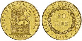 Venice Governo Provvisorio 1848-1849
20 lire, Venise, 1848, AU 6.45g.
Ref : Pag 176, Mont 89, Fr 1518
Conservation : Superbe