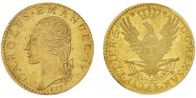 Carlo Emanuele IV 1796-1800
Mezza Doppia, Turin, 1797, AU 4.55g.
Ref : MIR.1011a (R2), Mont.06, Fr.1127, C#85
Conservation : PCGS MS63+.
Bel exemp...