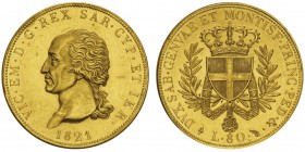 Vittorio Emanuele I 1802-1821
80 lire, Turin, 1821, AU 25.75g.
Ref : MIR.1027a, Mont.16, Pag.1, Fr.1130, KM C#97
Conservation : Superbe. Léger coup...