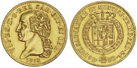Vittorio Emanuele I 1802-1821
20 lire, Turin, 1818, AU 6.43g.
Ref : MIR.1028c (R), Mont.19, Pag.6, Fr.1129, KM C#95
Conservation : Superbe. Rare