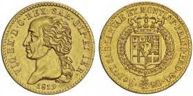 Vittorio Emanuele I 1802-1821
20 lire, Turin, 1819, AU 6.4g.
Ref : MIR.1028d (R), Mont.20, Pag.7, Fr.1129, KM C#95
Conservation : pr.Superbe. Rare