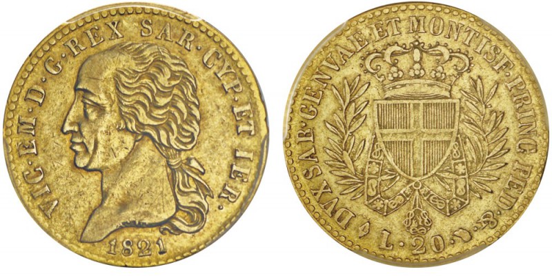 Vittorio Emanuele I 1802-1821
20 lire, Turin, 1821, AU 6.38g.
Ref : MIR.1029a ...