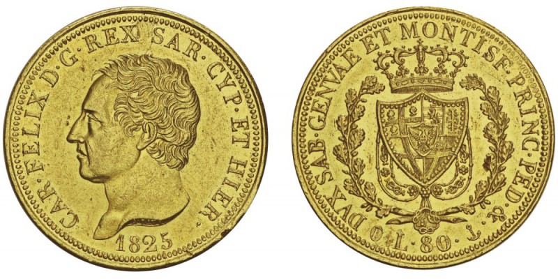 Carlo Felice 1821-1831
80 lire, Gênes, 1825, AU 25.74g.
Ref : MIR.1032d, Mont....